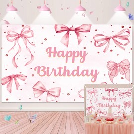 Coquette Happy Birthday Backdrop Banner Pink Bow Birthday Party Photography Background Cute Girls Women Hen Night Baby Shower Decoration Backdrop (240 x 180 cm)
