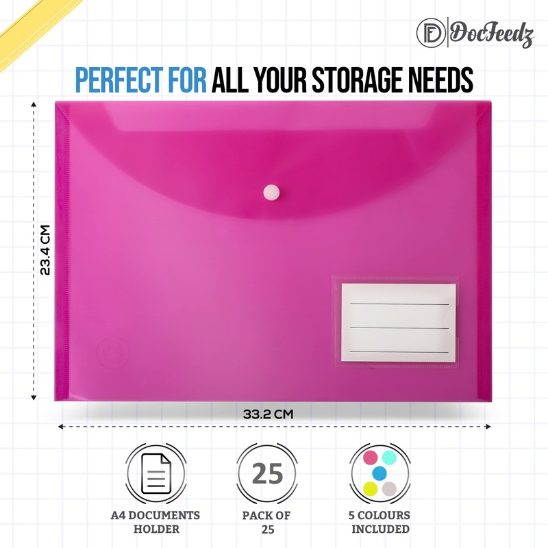 DocFeedz Plastic Wallets A4 - Pack of 25 Waterproof Plastic