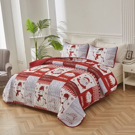 Christmas Quilt Set King Size Red Printed Quilt Santa Claus Snowman Bedspread Soft Microfiber Coverlet with 2 Pillow Shams for All Seasons 90"x104"