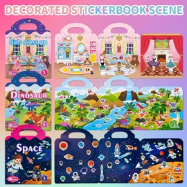 Pack of 3 Reusable Stickers for Children, Waterproof 3D Sticker Book from 3 Years, Travel Toy, Educational Learning Gifts, Birthday, Christmas Gift
