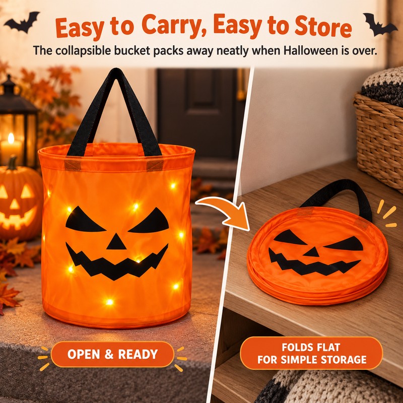 LED Halloween Trick-or-Treat Bucket for Candy – Collapsible Polyester Light-Up