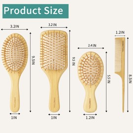DEBETOOL Bamboo Hair Brush and Comb Set for Women Men and Kids,Natural Bamboo wood Wide-tooth brush and tail comb - Paddle Detangling Brush for Wet Dry Curly Hair