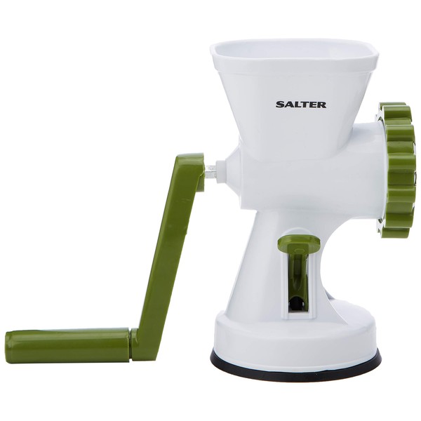 Salter BW06543 Meat Mincer with 2 Blade Attachments, Fine/Coarse Manual Grinder, Secure Suction Foot, Handle Crank, Homemade Meals, Burgers/Meatballs, Plunger, Easy Clean, White/Green