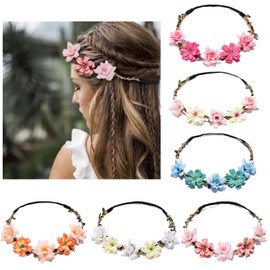 MUNSKT 6PCS Flower Crown Elastic Headbands for Women Girls, Multicolour Hair Wreath Floral Headpieces, Boho Festival Accessories for Wedding Party Vacation