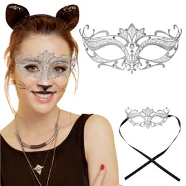 Masquerade Mask for Women, Laser Cut Metal Tiara Venetian Pretty Masquerade Mask with Rhinestones, Perfect for Prom, Masquerade Balls, Costume Parties & Themed Events (Silver/Clear Stones)
