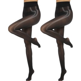 MANZI Shiny Pantyhose for Women 2 Pairs Shimmer Sheer Tights Ultra Silky Black Small-Medium
