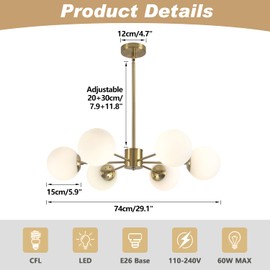 KCO 6-Light Globe Sputnik Chandelier Milk Glass Modern Gold Chandelier Light Fixture Mid Century Sputnik Chandeliers Pendant Lighting Brushed Brass Chandelier (Gold+White)