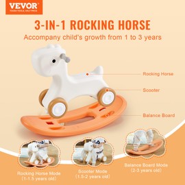 VEVOR Toddler Rocking Horse 3-in-1, Convertible to Balance Board, Equipped with 4 Gentle Wheels, Supports Children up to 80 lbs, Durable HDPE, 40° Swing Range, in Vibrant Red