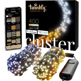 Twinkly Cluster – App-Controlled LED Christmas Lights with 400 AWW (Amber, Warm White, Cool White) LEDs. 19.7 ft Green Wire Indoor and Outdoor Smart Lighting Decoration Ecomm Packaging