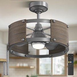 Frstem 19" Industrial Fandelier, Solid Wood & Metal Frame, Farmhouse Caged Ceiling Fan with Light & Remote Control, Low Profile/Dimmable/6-Speed/Reversible DC Motor, for Living Room Bedroom Kitchen