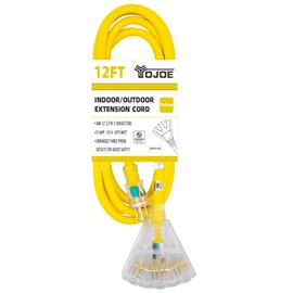 YOJOE 12 Foot Yellow Extension Cord,Lighted Outdoor 12/3 Cord with 3 Power Outlets,12 Gauge 3 Prong SJTW Heavy Duty Extension Cable with 3 Prong Grounded Plug for Safety,UL Listed