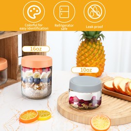 Qinyoung 10 Pcs 16 oz and 10 oz Overnight Oats Containers with Lids Leak Proof Glass Jar with Screw Lid Portable Stackable Yogurt Containers for Oatmeal Dressing Pudding Salad Condiment (Retro Color)