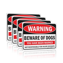 Faittoo Beware of Dog Sign Outdoor, You Have Been Warned Not Responsible for Injury or Death, 4 Pack 10"x7" Rust Free Reflective Aluminum, Fade Resistant, UV Protected, Weatherproof