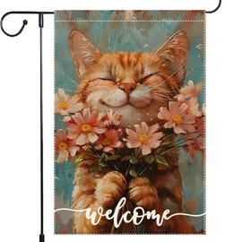 Welcome Summer Cat Garden Flag 12x18 Inch Double Sided Colorful Floral Small Burlap Home Yard Lawn Holiday Outdoor Garden Flags Decorations