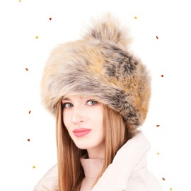 Futrzane Classic Pom Hat - Ladies Faux Fur Trim Hats - Warm Winter Cap for Women (M, Ginger Classic)
