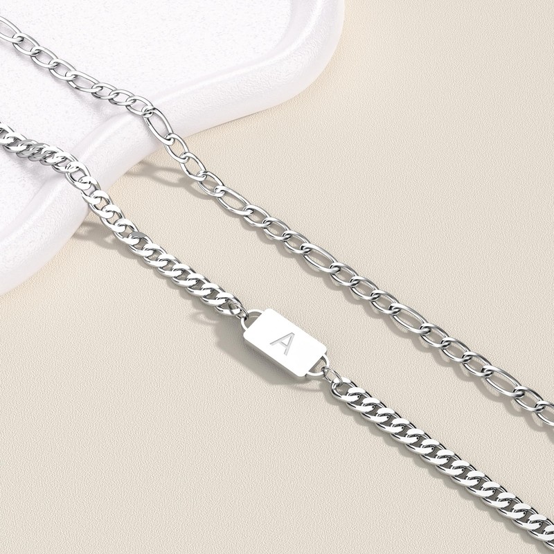 2PCS Initial Letter Stainless Steel Bracelet, A-Z Letter Pendant Cuban