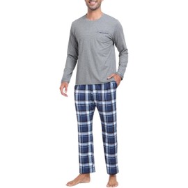 MoFiz Pajamas for Men Set Long Sleeve Couples Matching Pajamas Soft Sleep Sets Lightweight Loungewear Sleepwear Nightwear Sets Christmas Pj Set Navy Plaid Pants with Pockets XL