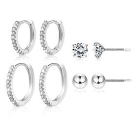 ALEXCRAFT Silver Earrings for Women 6 Pairs Silver Earring Set Cubic Zirconia Silver Stud Earrings Small Silver Hoop Earrings Silver Huggie Earrings for Men Girls