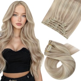 Moresoo Clip in Hair Extensions Real Human Hair Balayage Hair Extensions Clip in Ash Blonde with Platinum Blonde Human Hair 22 inch 5 Pcs/80G #P18/613