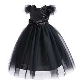 Backless Girls Funeral Pageant Evening Party Formal Ball Gowns Long Glitter Sequins Tulle Maxi Dress for Little Kids 3-4 Years Black
