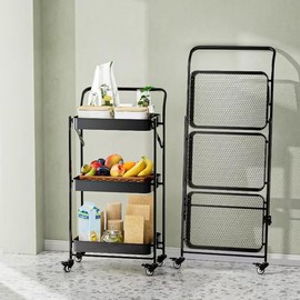 JAQ Foldable Rolling Cart, 3-Tier Metal Folding Storage Utility Carts Basket Rack with Removable Handle on Wheels for Snacks Books Fruits for Kitchen Living Room Pantry Bathroom - (Black, 3-Layer)
