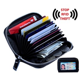 KALMORE Women's Leather RFID Card Wallet Small Purse Window, Black, One Zipper with ID