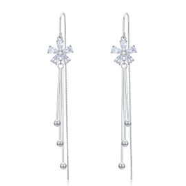 Sterling Silver Threader Earrings with Flower Crystal Tassel Long Charm Dangle Drop Earrings Jewelry Gifts for Women