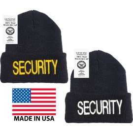 Security 100% Wool Beanie Military Watch Cap Genuine GI Winter USN Warm Hat USA Made (Black with White Text)