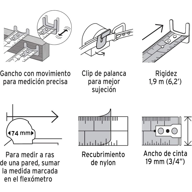 Truper FH-5M, Flexómetro Gripper, contra impacto, 5 m, cinta 19