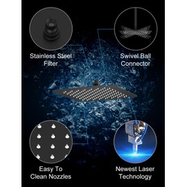 SR SUN RISE Luxury 16 Inch Large Square Stainless Steel Shower Head High Pressure Rainfall Showerhead Ultra Thin Water Saving Matte Black