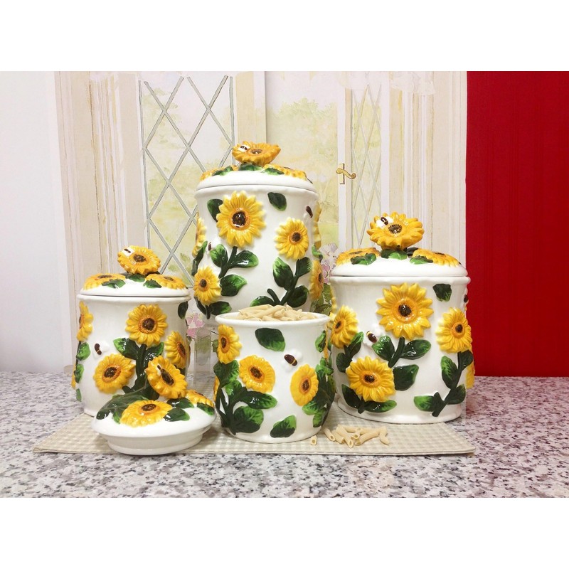 ACK 4PCs 3D Sunflower Hand Painted Ceramic Canister with Lid,
