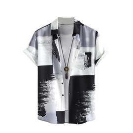 Floerns Men's Striped Shirts Casual Short Sleeve Button Down Shirts Black White Grey L