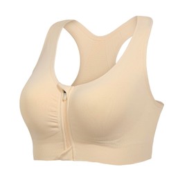 Lemef Sports Bras for Women Full Support Front Zip Closure Compression Bras Post Surgery Wireless Racerback Sport Brassiere Beige XL