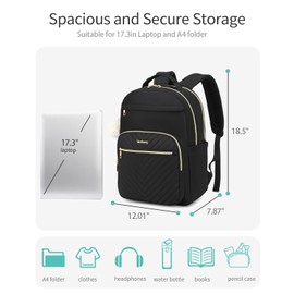 VANKANY 17.3 Laptop Backpack Women, Cute Bookbag for University Middle High School Girls, Fashion Adult Backpack for Work Clinical Teacher, Black