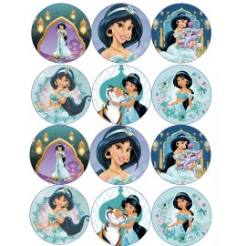 Handmade 12 princess jasmine, edible paper, cupcake cookie toppers CHOOSE SIZE - 1"