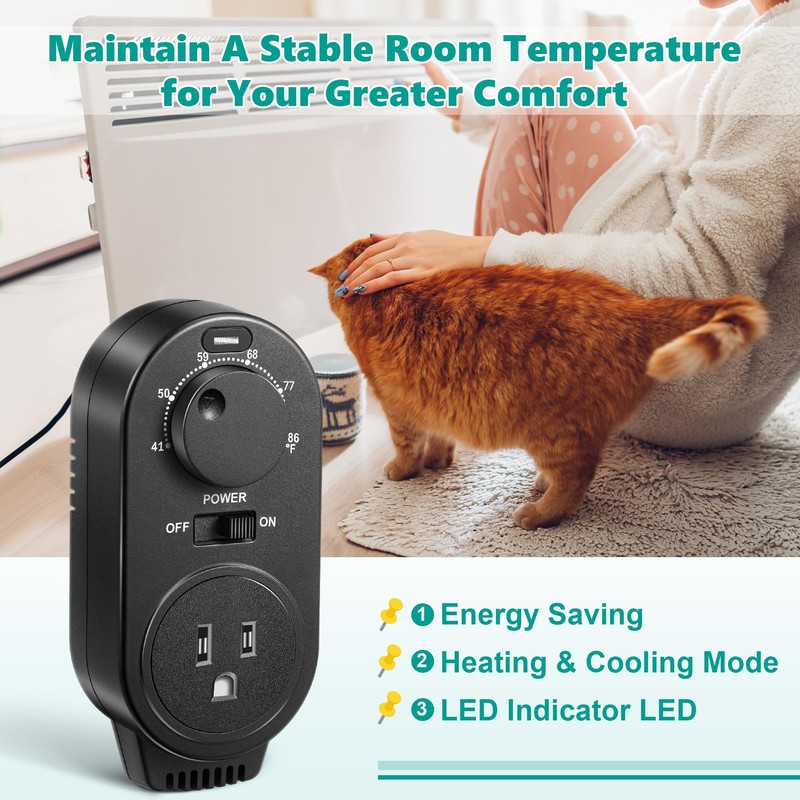 Gulfmew Adjustable Thermostat, Plug in Heating and Cooling Thermostat Controlled
