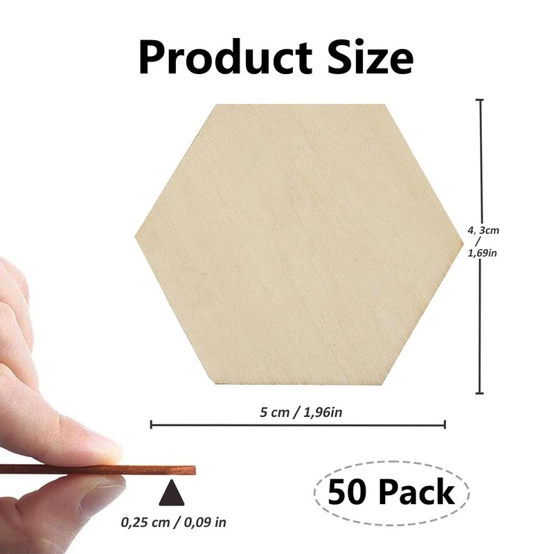 Hexagonal Natural Wood Discs, 50 Pieces, 5 cm Wooden Panel,