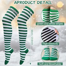 Thigh High Socks Knit Stripe Long Socks Over Knee Cotton Leg Warmer for Women Girls Arm Warmer Gloves Boot Socks (Green-White, One Size)