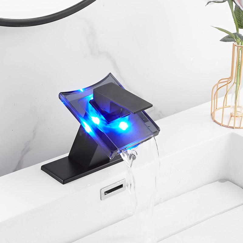 Bathroom Faucet Black Led Light 3 Color Changing Waterfall Glass