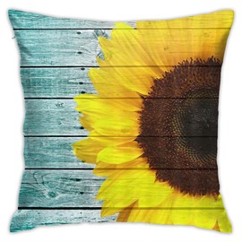 Sunflower Rustic Yellow Teal Floral Flower On Country Wooden Plank Decorative Throw Pillow Covers Square Home Sofa Indoor Decor Cushion Cover 18x18inch Pillowcase