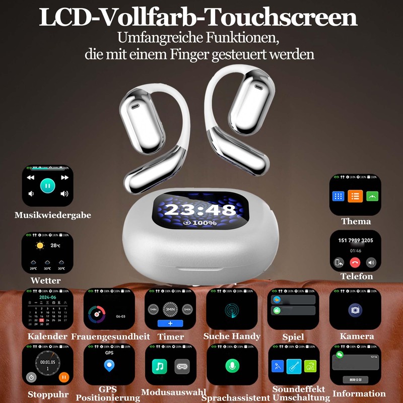 Open Bluetooth Headphones, Ear Hook LED Colour Screen Headphones, Active