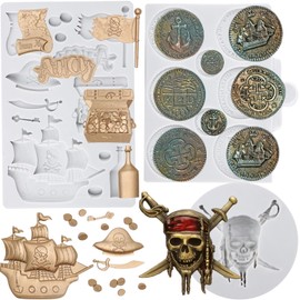 Sijiangmold Piraten Silikonformen Schatztruhe Totenkopf Piratenschiff Flagge Karte Formen Für Kuchendekoration Schokolade Cupcake Topper Süßigkeiten Polymer Ton Blütenpaste 3er Set