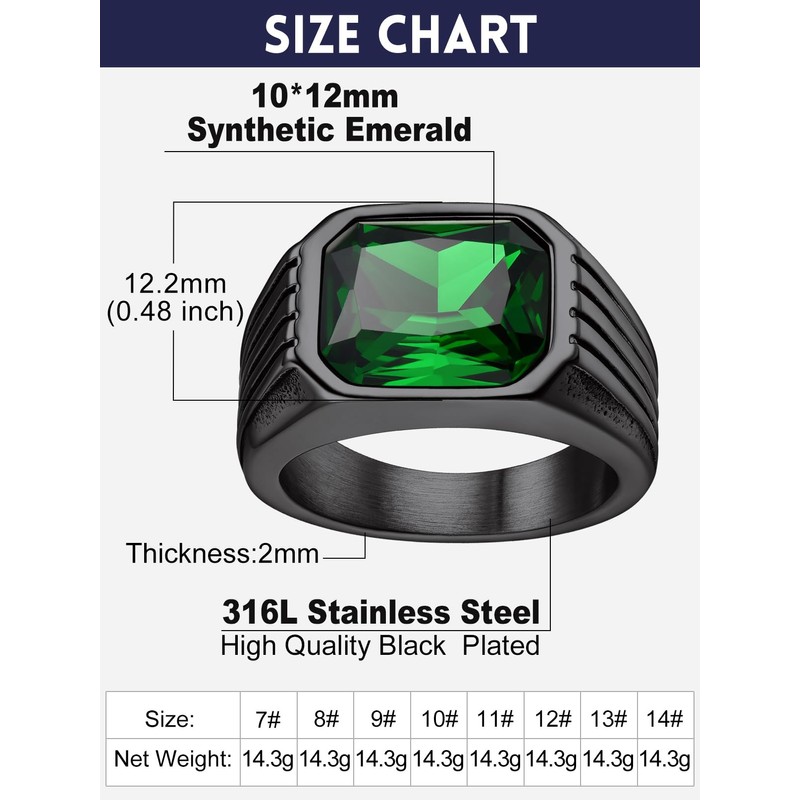 Bandmax Mens Stainless Steel Black Rings Size 13 Emerald Ring
