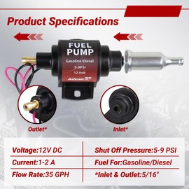 AdvanEX Universal Electric Fuel Pump 12V, 35 GPH, 1-2 A, 5-9 PSI with 1 Piece of 6.56-foot (2-meter) Fuel Hose & Fuel Filter for Gasoline and Diesel Engines