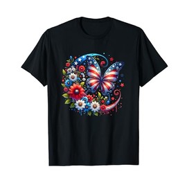 American Flag Red White Blue Butterfly Design T-Shirt