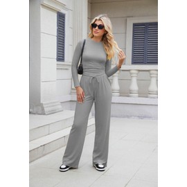 Nimsruc Womens 2 Piece Lounge Sets 2025 Ruched Long Sleeve Tops Wide Leg Pant Sets Tracksuit Autumn And Winter Grey XL