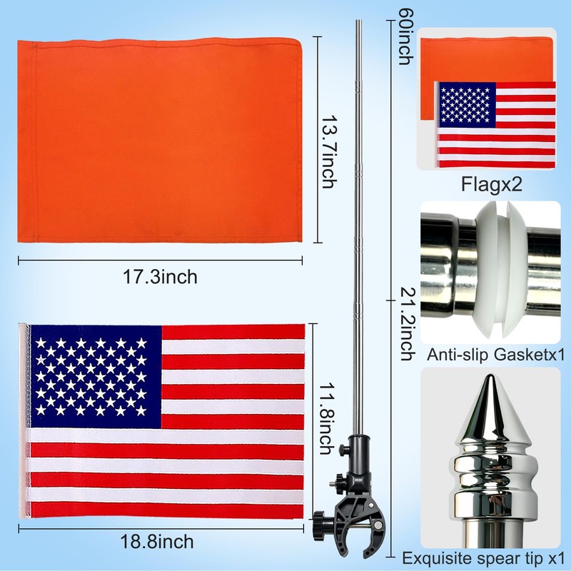 Boat Flags Pole and Flags Set, 2Pcs Orange Boat Flag
