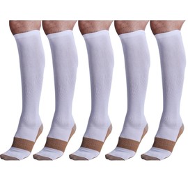 Bcurb Graduated Compression Socks Women and Men - Best Medical, Nursing, Running, Fitness, Sports, Travel & Flight Sock - Over The Calf Below Knee High (White/Copper - 5 Pair, Sm/Med)