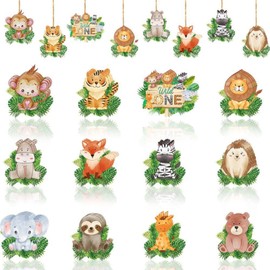 Enorteen 24 Pcs Animals Hanging Ornaments with Leaves Jungle Theme Hanging Ornaments Monkey Tiger Lion Bear Hanging Decor Birthday Party Supplies for Decorations
