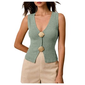 SHENHE Women's Ribbed Sweater Vest Split Hem Gold Metal V Neck Dressy Going Out Knit Top Green Medium